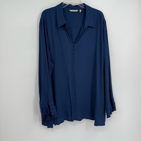 Soft Surroundings Tunic Blouse Blue Covered Buttons Ruffle Long Sleeve Size 3X - Picture 9 of 9